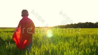 穿着超级英雄服装的孩子穿着红色斗篷，在日落的背景下沿着绿色草坪奔跑